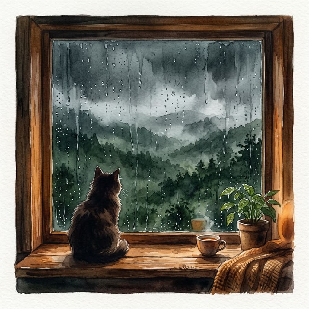 Cat watching monsoon rain over Assam hills
