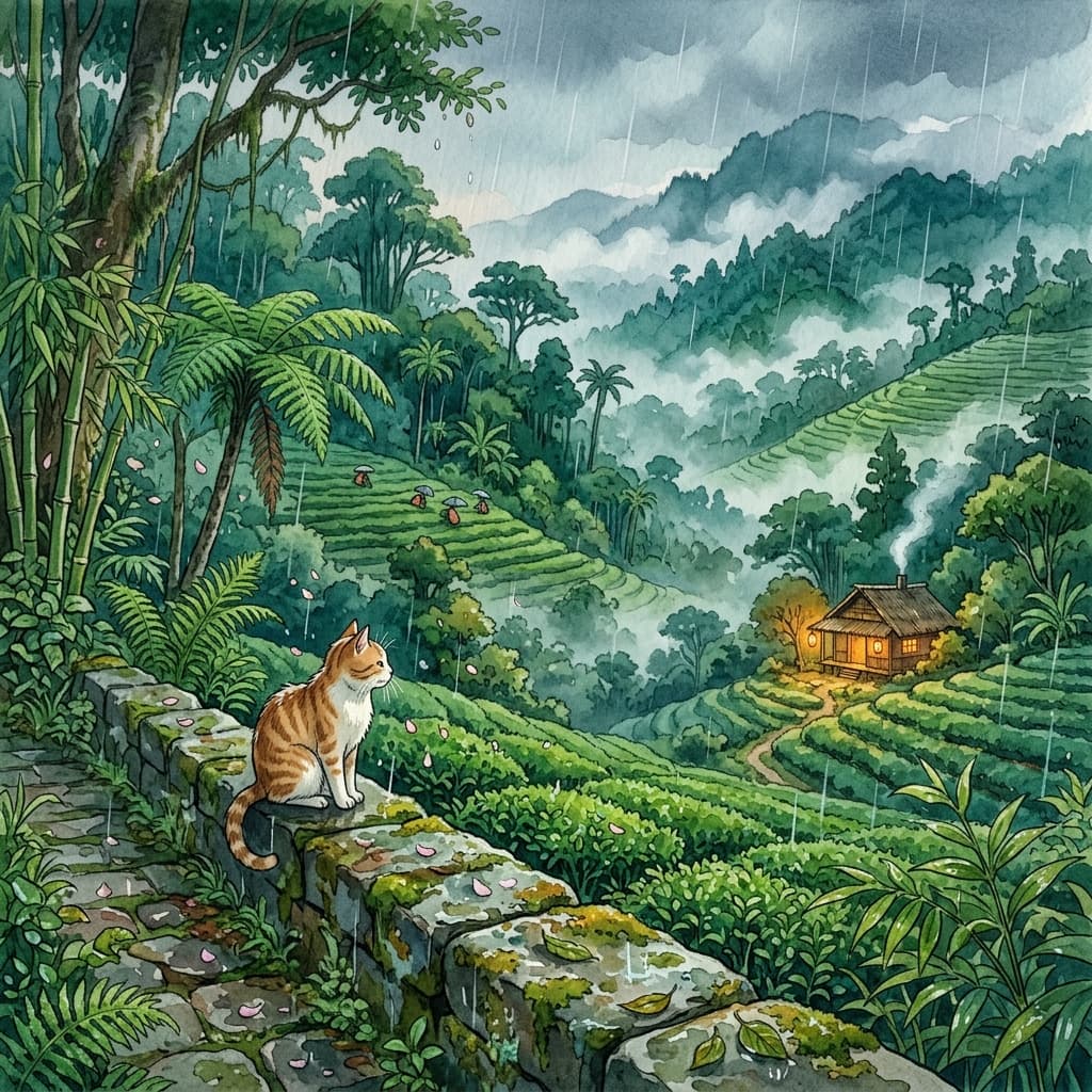 Studio Ghibli — Assam tea garden hills in monsoon rain